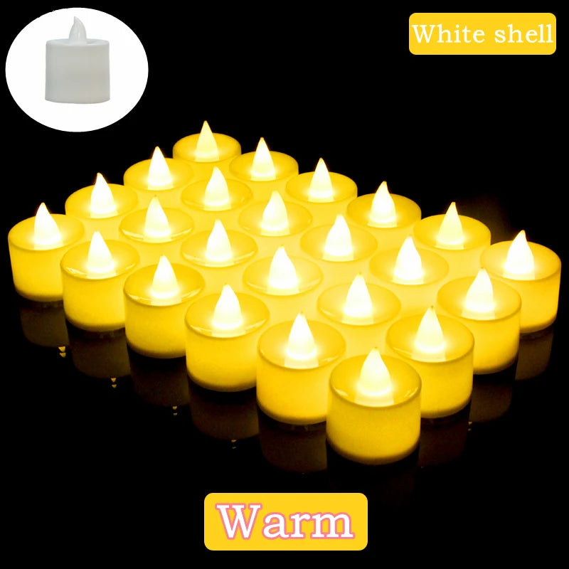 Una fila de velas LED amarillas sin llama con cáscaras blancas, proyectando un brillo cálido sobre una superficie negra.