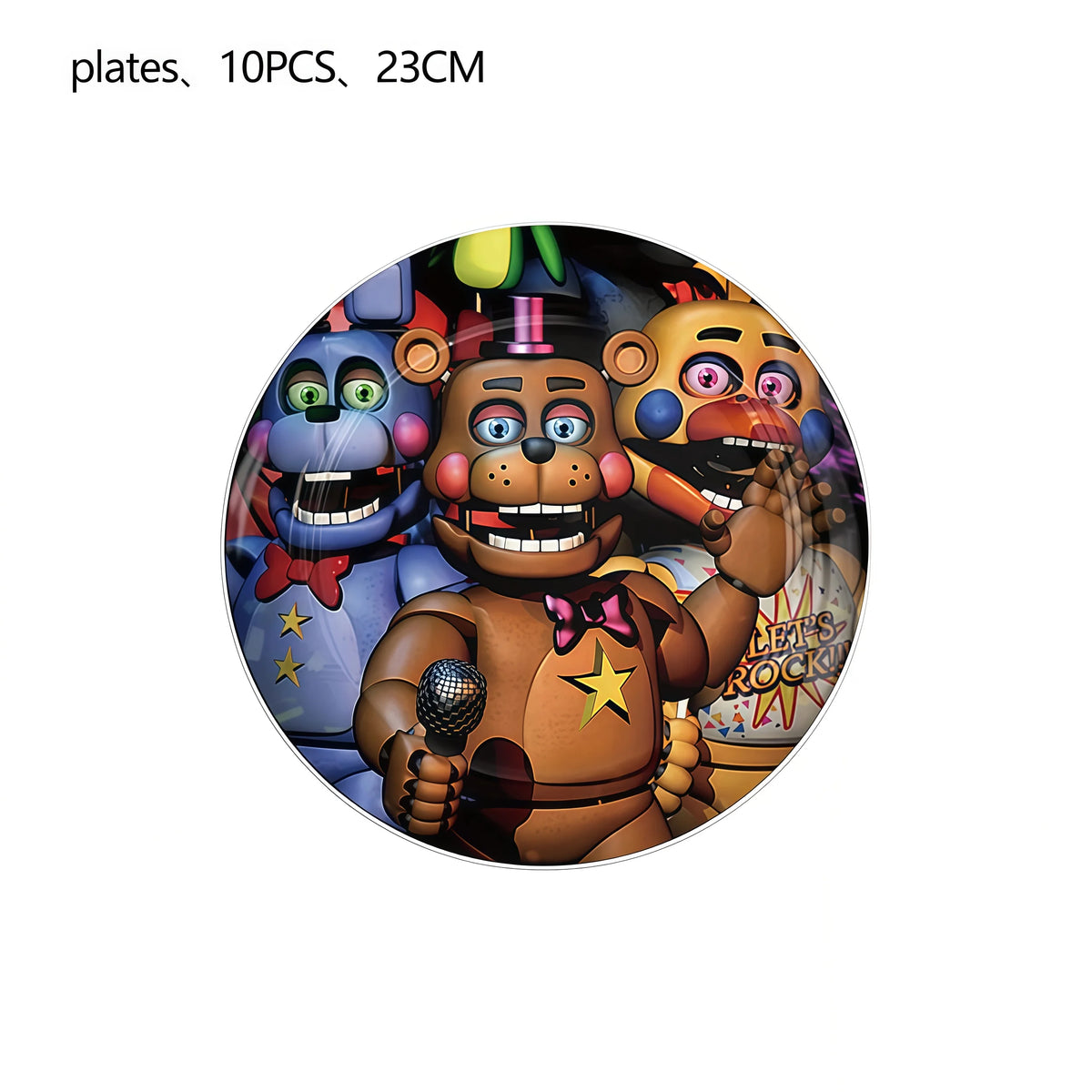 A collection of ten Five Nights at Freddy's characters in plates for a birthday party kit.