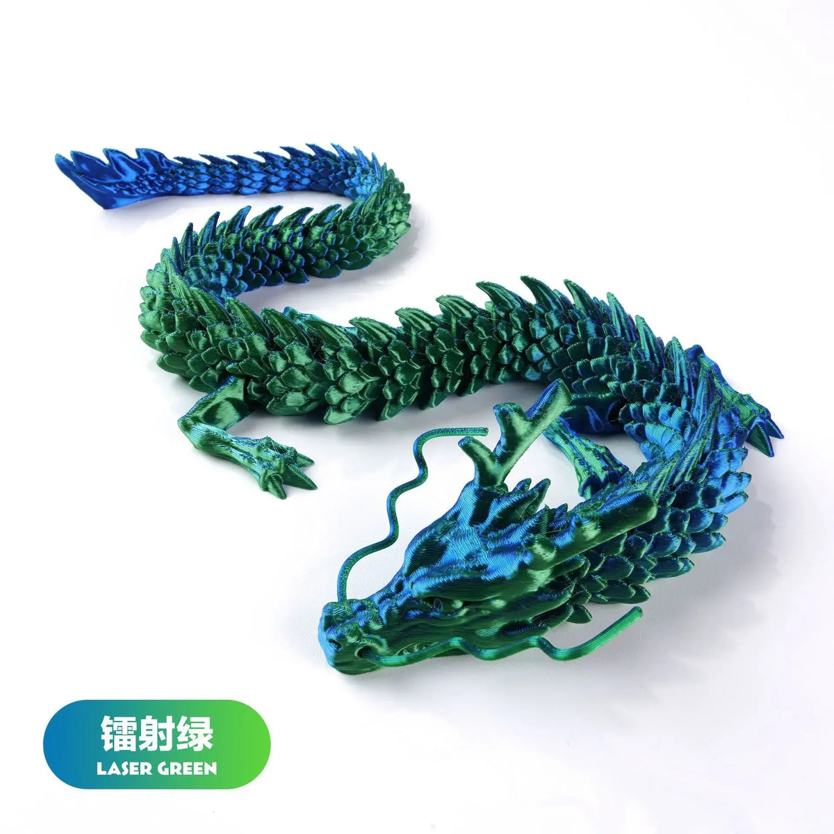 A detailed resin figurine of a conjoined dragon in laser green and blue colors.