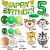 A set of safari jungle balloon garland arch kit featuring various colored balloons, palm leaves, and animal-themed decoration