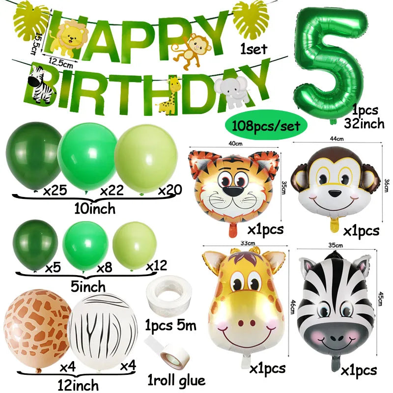 A set of safari jungle balloon garland arch kit featuring various colored balloons, palm leaves, and animal-themed decoration