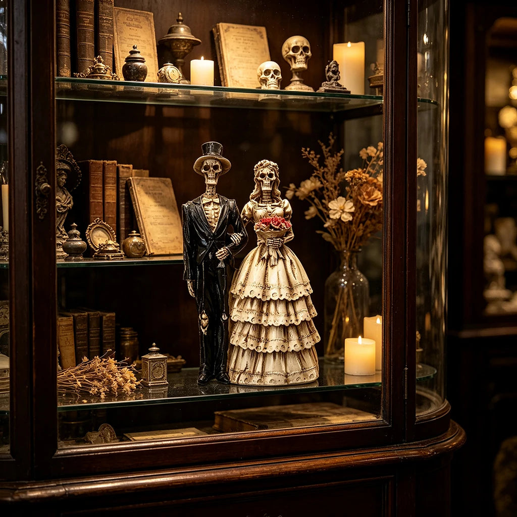 A display cabinet featuring a resin statue of a gothic skeleton bride and groom figurine.