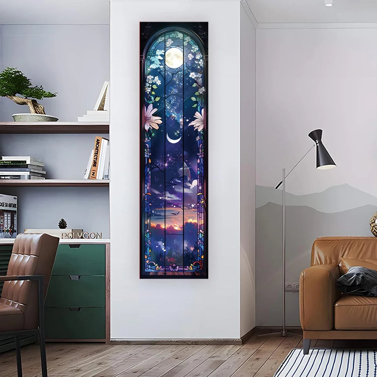A vertical stained glass tapestry featuring a moon and floral elements hanging on a white wall.