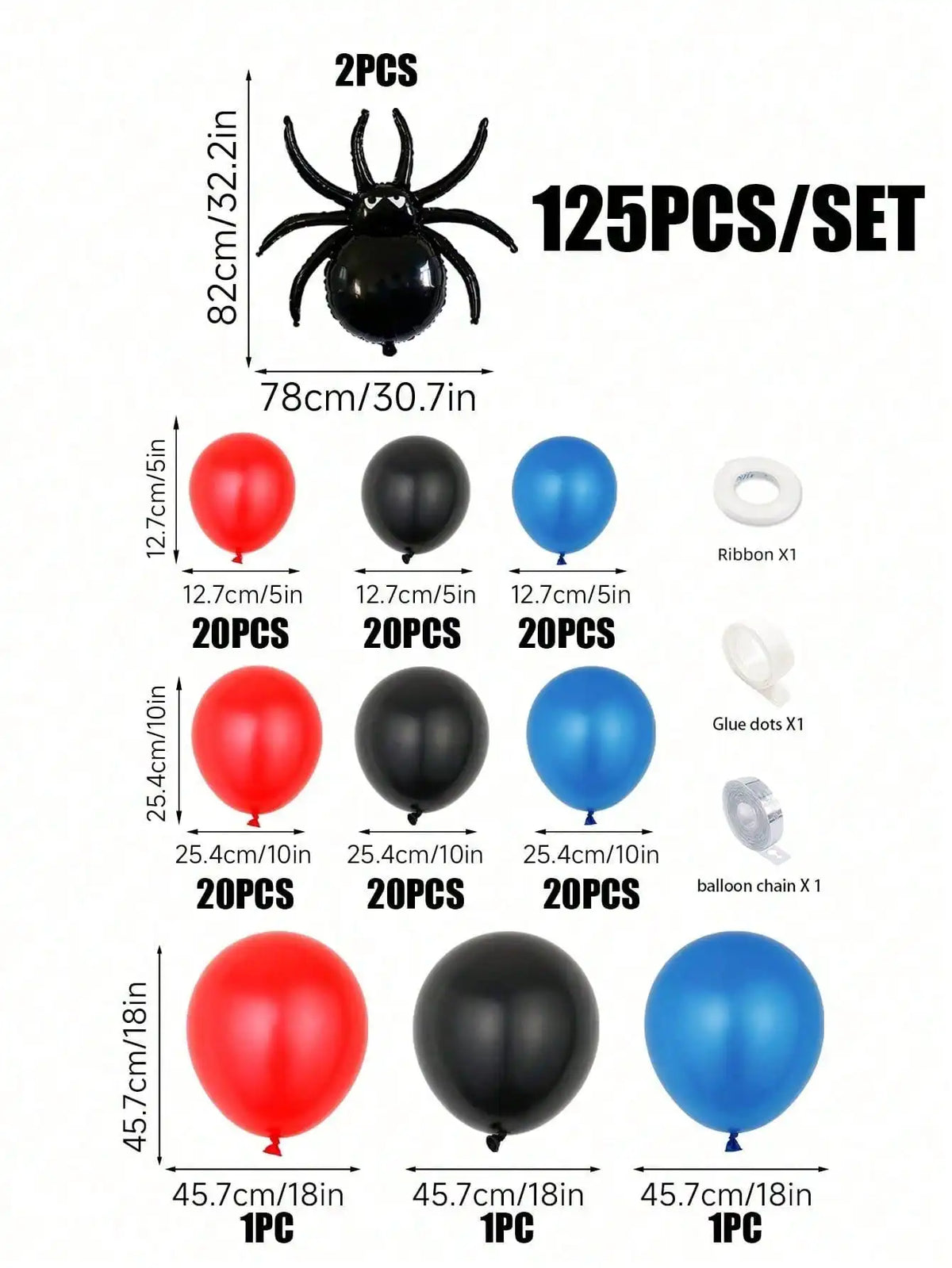 Un ensemble de 125 ballons en papier alu noirs, rouges et bleus et accessoires pour un kit d'arche.