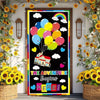 A vertical door banner decor featuring a colorful illustration of balloons, clouds, and a schoolhouse for welcome back to sch