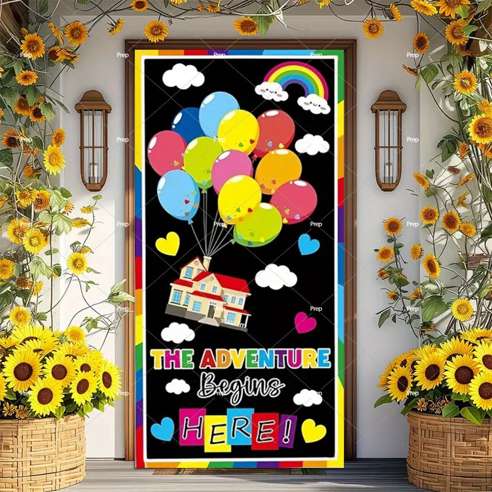A vertical door banner decor featuring a colorful illustration of balloons, clouds, and a schoolhouse for welcome back to sch