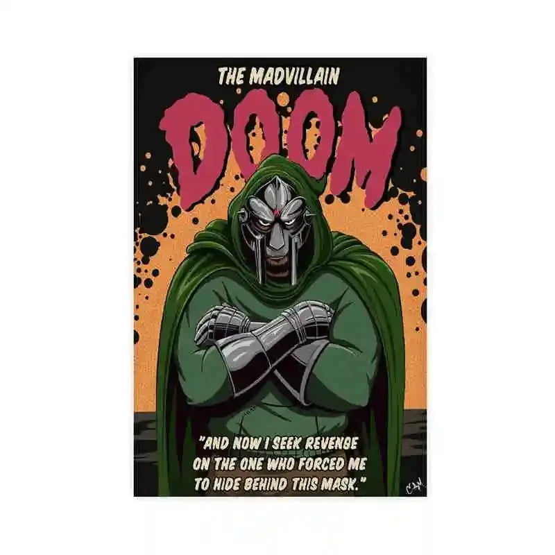 A dark poster featuring the text DOOM and a masked figure in green, suitable for hip-hop canvas art.