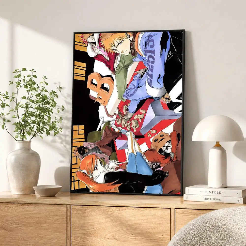 A framed anime poster featuring characters from Bleach in dynamic poses against a black background.
