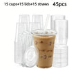 A set of 45 reusable disposable plastic cups, lids, and straws for beverages.