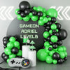 A balloon garland arch kit featuring black and green balloons with silver starburst accents and a controller.