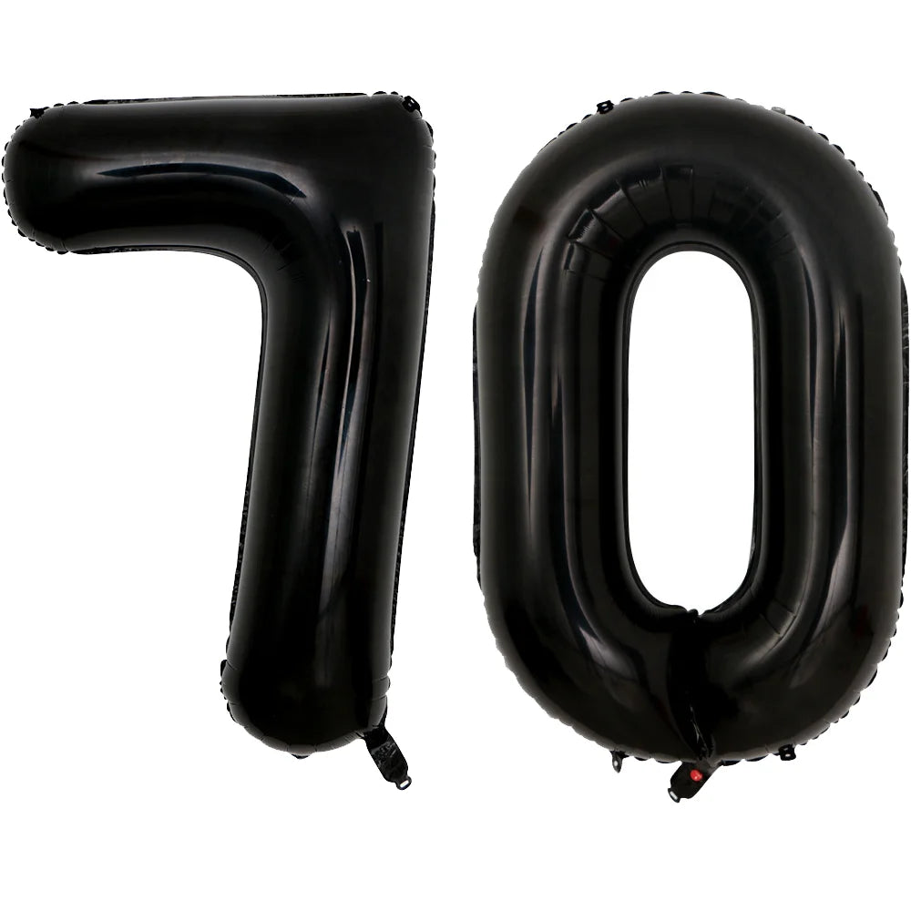 A set of two giant black foil balloons shaped like the number 70