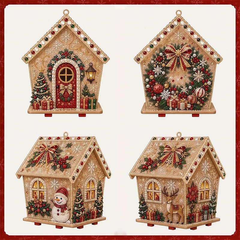 Three decorative wooden cabin crafts featuring festive Christmas scenes and natural wood textures.
