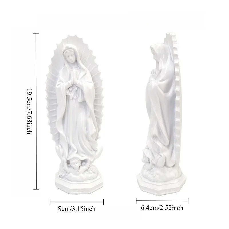 White resin statue of Our Lady of Guadalupe with a radiant halo and draped clothing