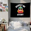 A black tapestry wall hanging featuring a cartoon character wearing sunglasses and a blue hat with the text Respect My Author