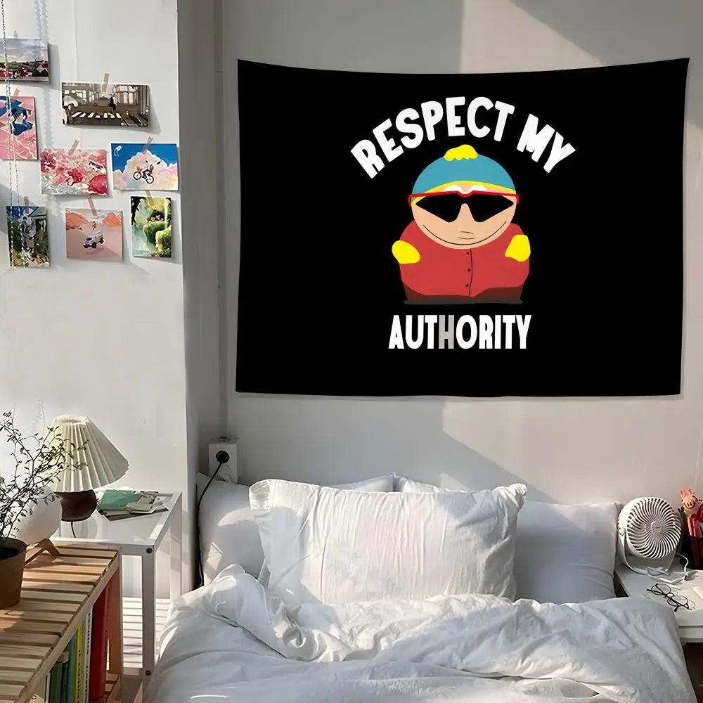 A black tapestry wall hanging featuring a cartoon character wearing sunglasses and a blue hat with the text Respect My Author