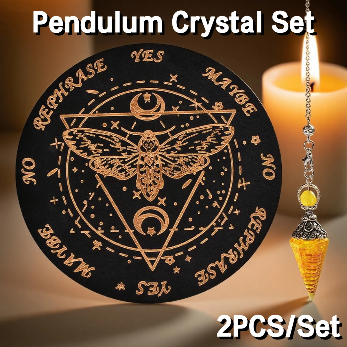 A black wooden pendulum crystal set featuring a pentagram design and a yellow rose quartz crystal necklace.
