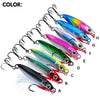 A set of eight brightly colored metal jig fishing lures labeled A through H, arranged in a row.