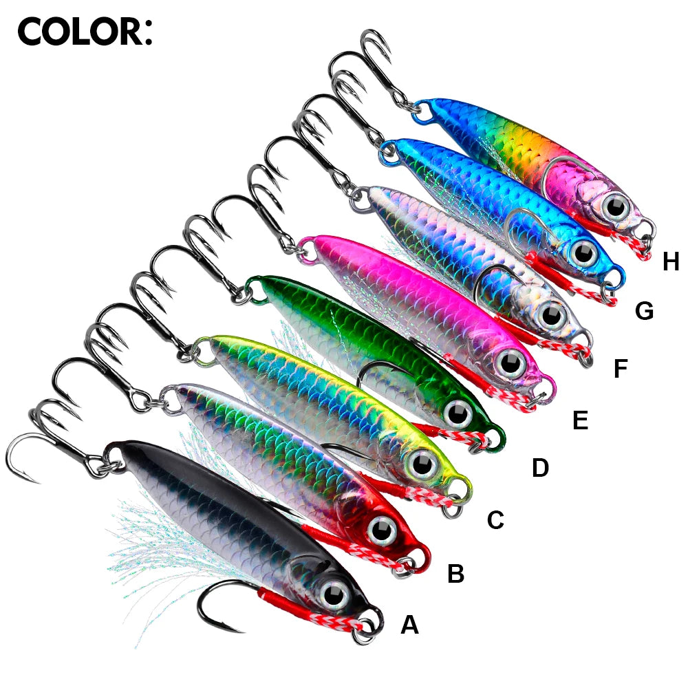 A set of eight brightly colored metal jig fishing lures labeled A through H, arranged in a row.