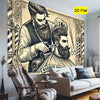 A large tapestry wall hanging depicting a bearded barber shop theme in black and white line art.