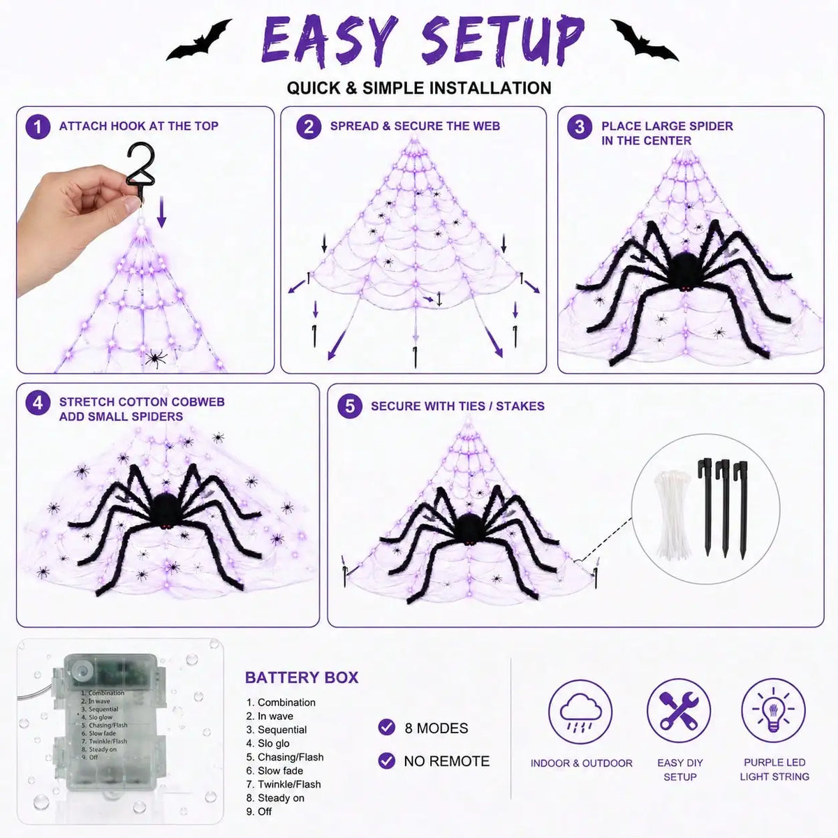 Easy setup instructions for a giant purple spider web Halloween light with a big black spider.