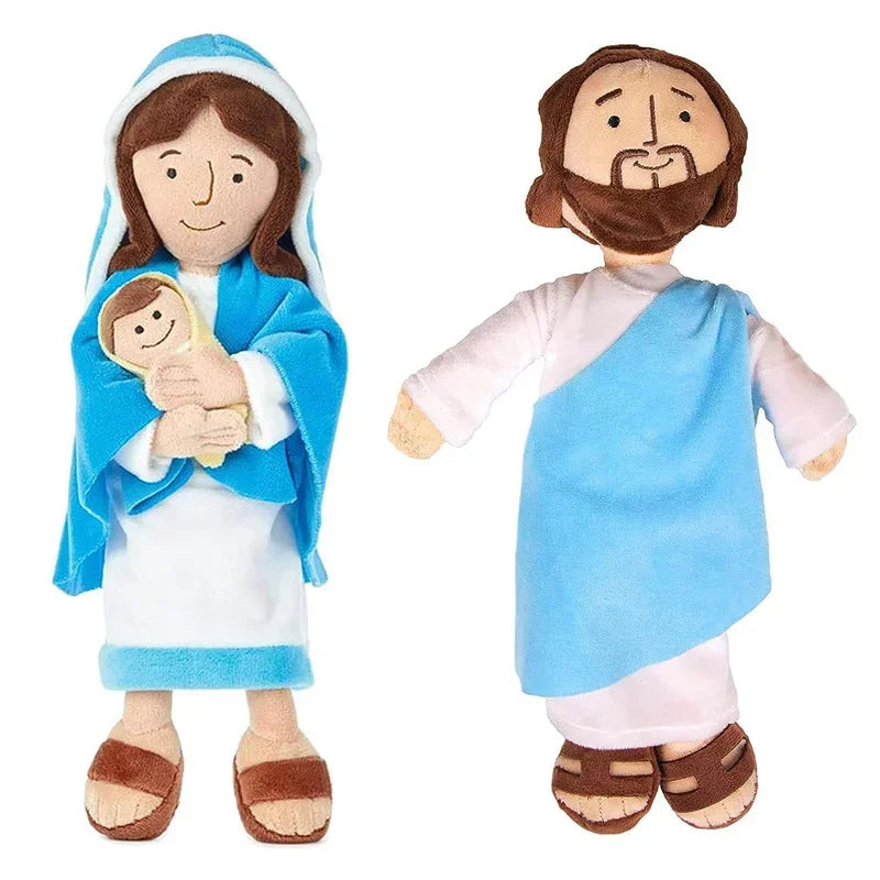 A plush doll depicting Jesus and the Virgin Mary with realistic features and robes.