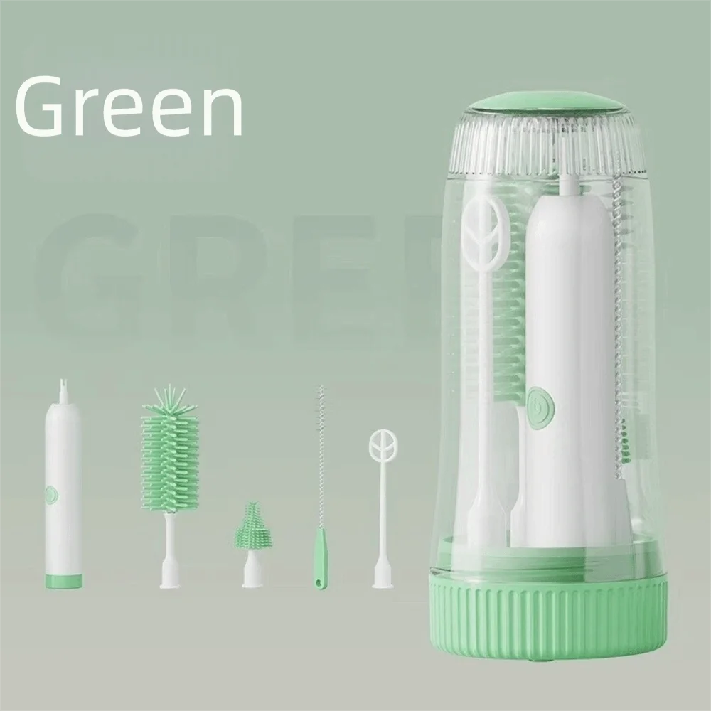 A clear storage case for an electric baby bottle cleaning brush with a white bottle and various cleaning tools.