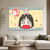A wall tapestry featuring an anime character with a large mouth and spiky hair against a light yellow background.
