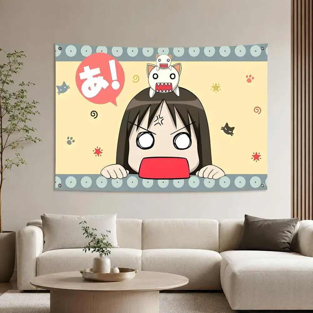 A wall tapestry featuring an anime character with a large mouth and spiky hair against a light yellow background.