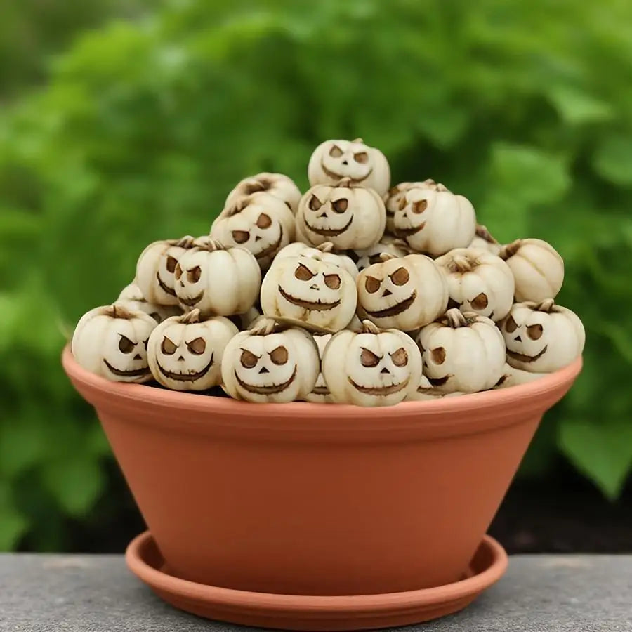 Une pile de citrouilles en résine sculptées et effrayantes dans diverses nuances de blanc et de tons naturels pour la décorat
