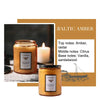 A jar of Baltic Amber scented candle with a gold wax, set against a background featuring candle and text details.