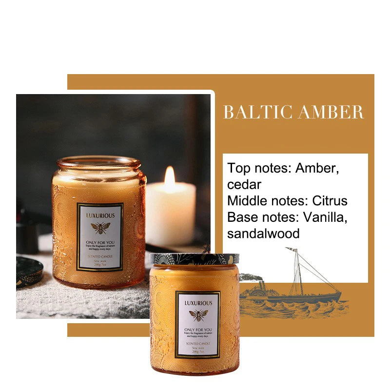 A jar of Baltic Amber scented candle with a gold wax, set against a background featuring candle and text details.