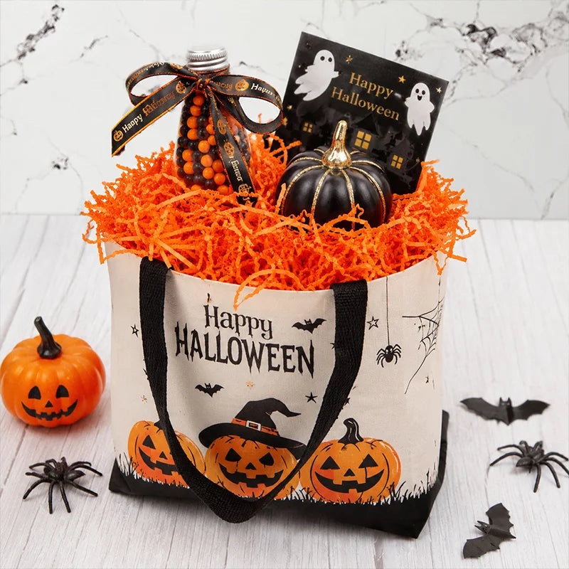A sack filled with orange crinkle paper shred filler, a pumpkin, and Halloween decorations for treat bags.