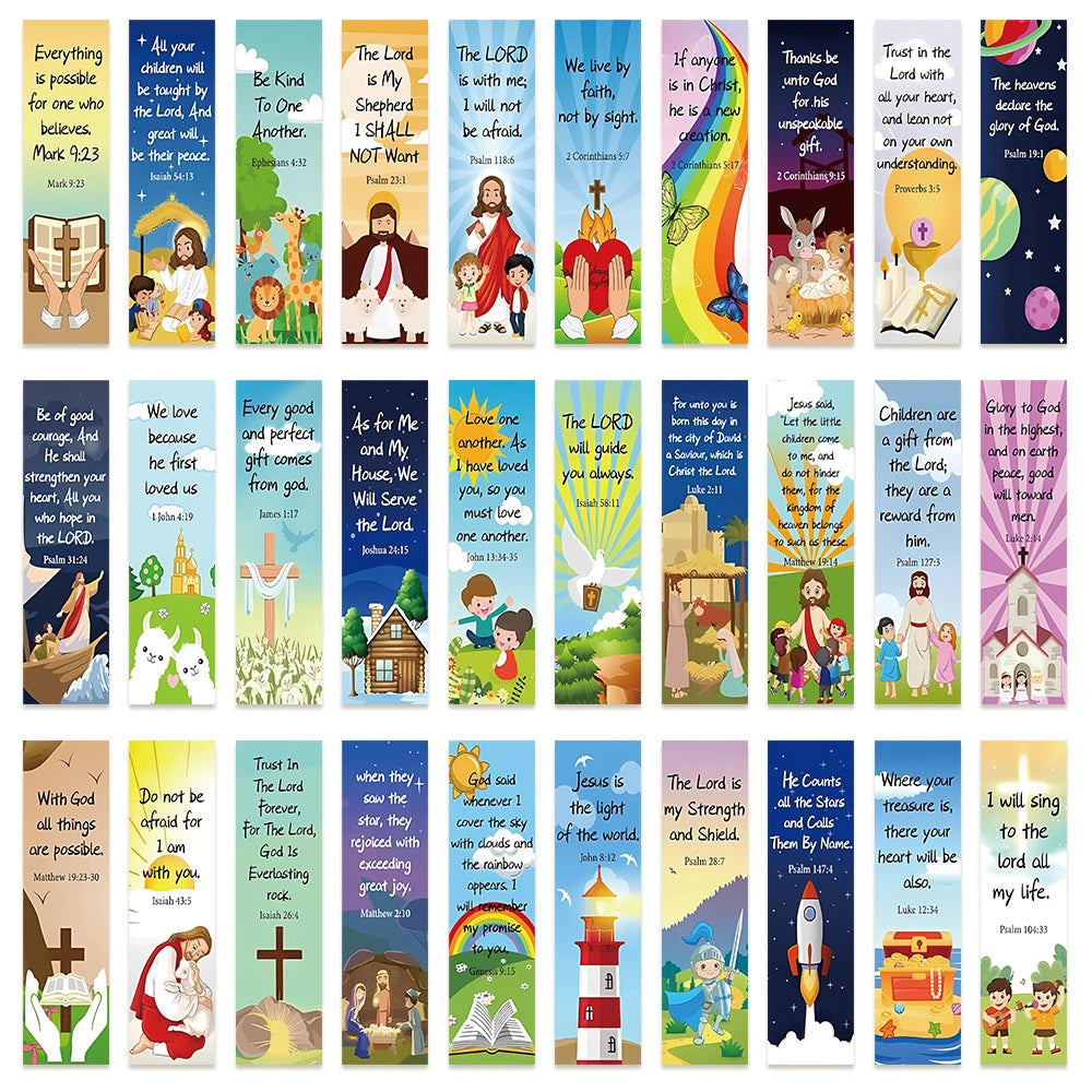 A collection of 30 inspirational Bible verse bookmarks featuring various scripture passages and illustrations.