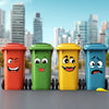 Ein Satz von vier bunten Plastikfässern in Form von Cartoon-Gesichtern in Orange, Grün, Gelb und Blau.