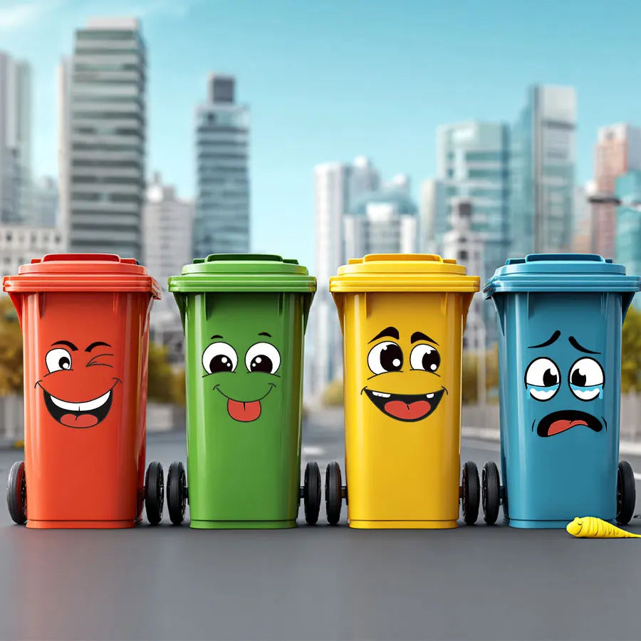 Ein Satz von vier bunten Plastikfässern in Form von Cartoon-Gesichtern in Orange, Grün, Gelb und Blau.