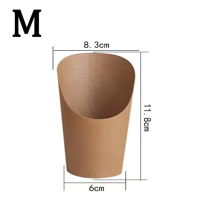 A brown disposable kraft paper cup for french fries, measuring 8.3 cm high and 6 cm in diameter.