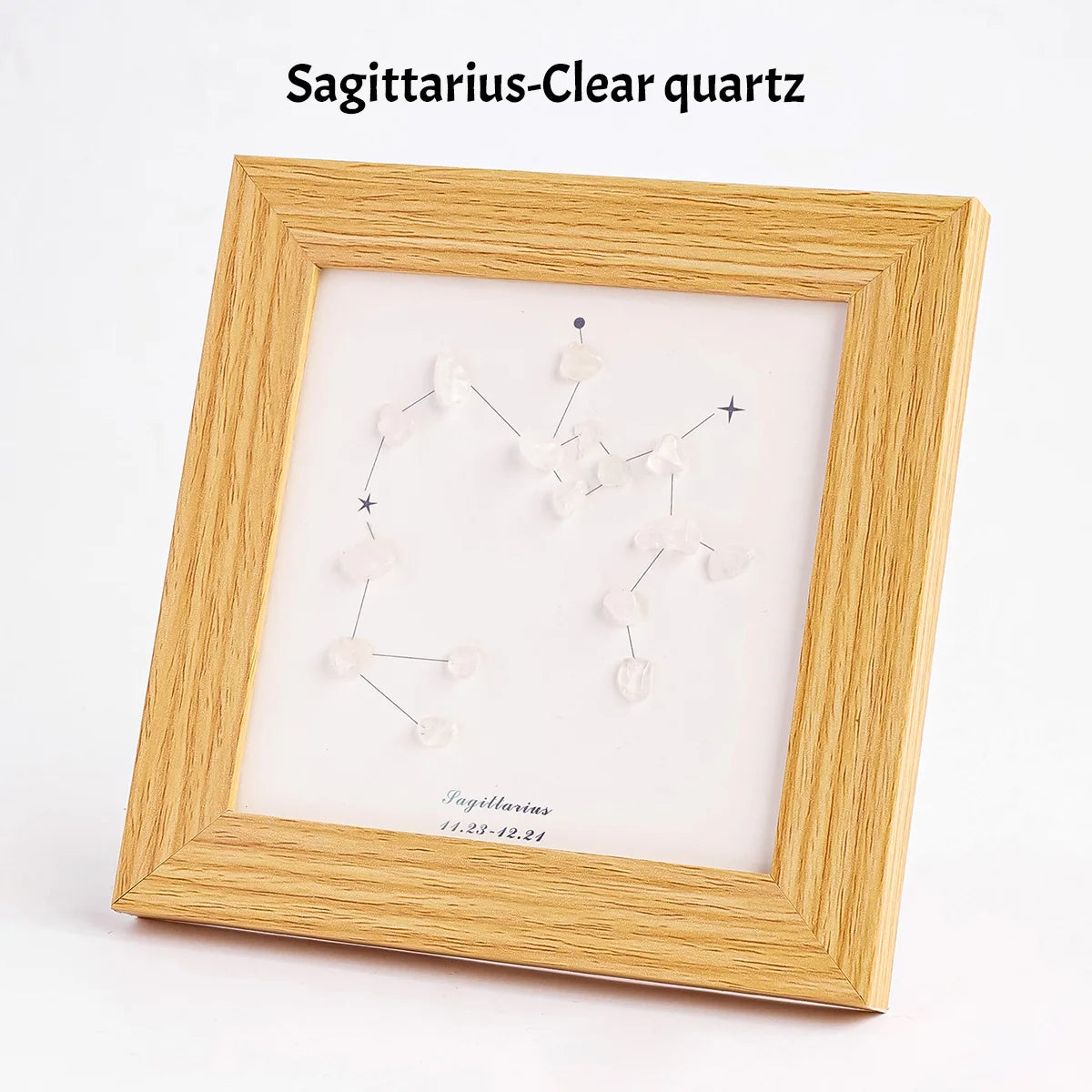 Holzrahmen mit klarem Quarzdarstellung des Sagittarius-Zodiakons.
