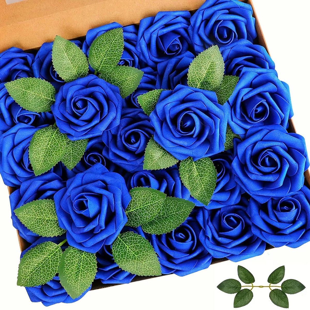 A dense arrangement of thirty artificial blue roses with green leaves in a brown box.