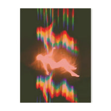 Abstract light painting of a figure against a dark background with vertical streaks of colorful light.