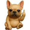 A small, tan resin statue of a French Bulldog sitting and making a finger gesture.