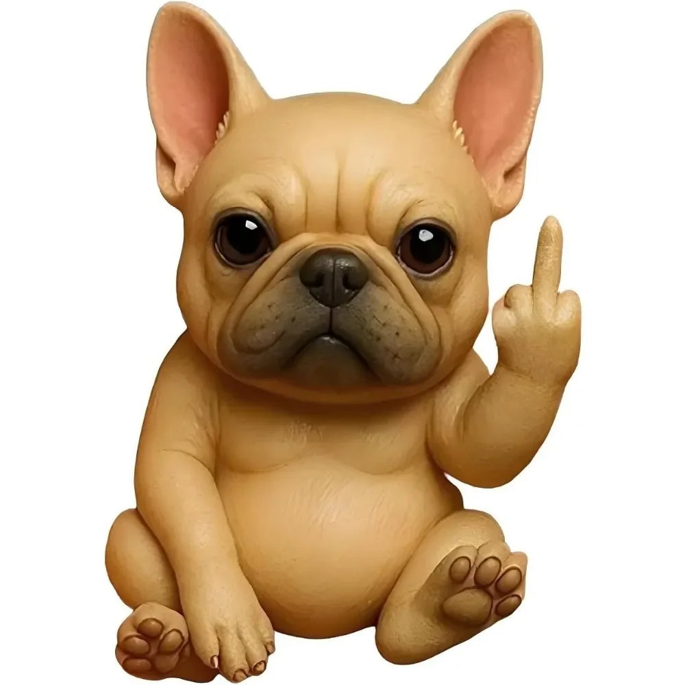 A small, tan resin statue of a French Bulldog sitting and making a finger gesture.