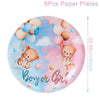 Eight paper plates featuring cute teddy bears and balloons for a gender reveal party.