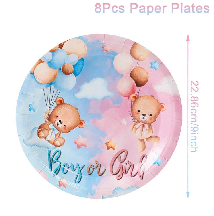 Eight paper plates featuring cute teddy bears and balloons for a gender reveal party.