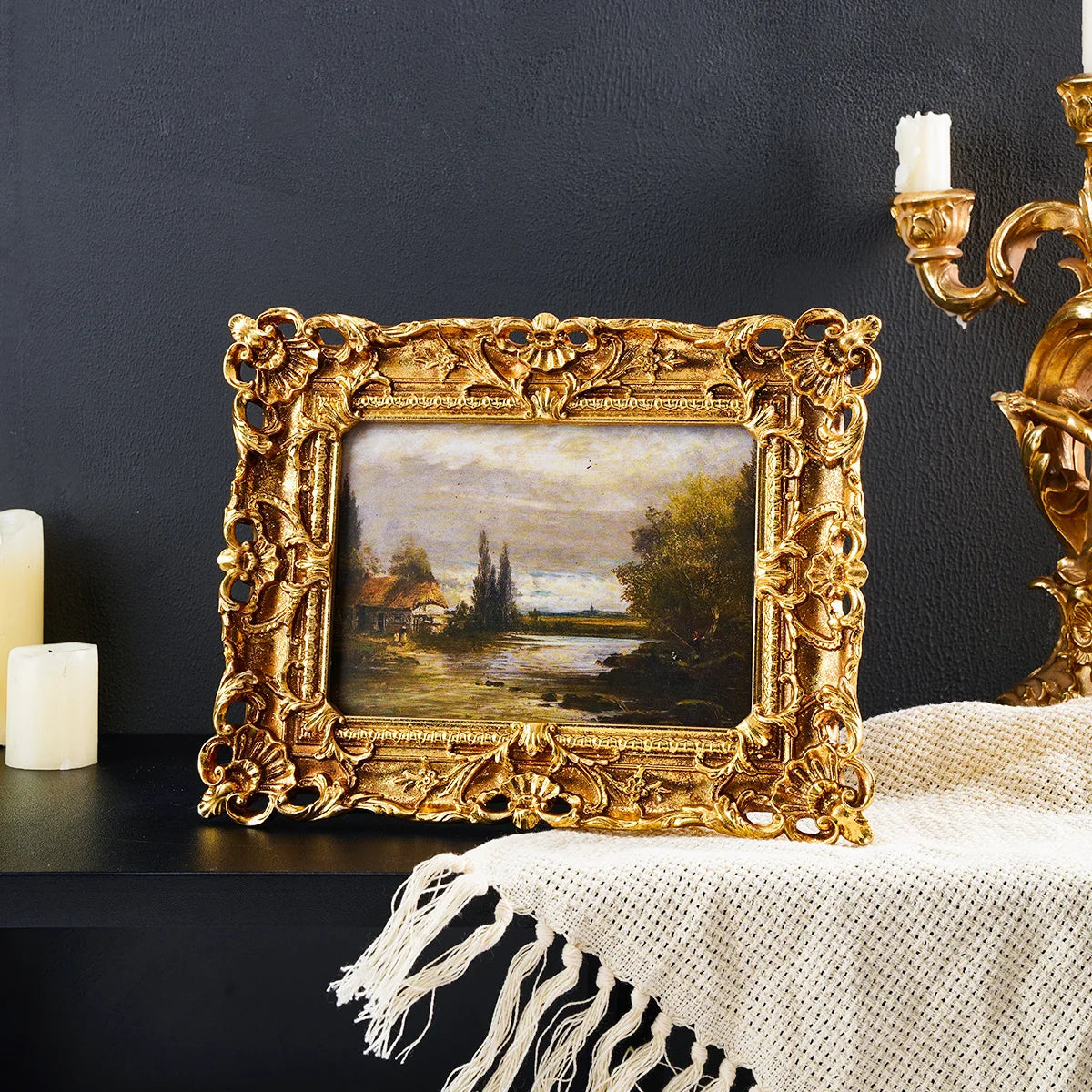 Antique Gilded Resin Photo Frame with Ornate Relief Design