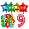 A set of colorful foil balloons shaped like stars and the number nine for a birthday party decoration
