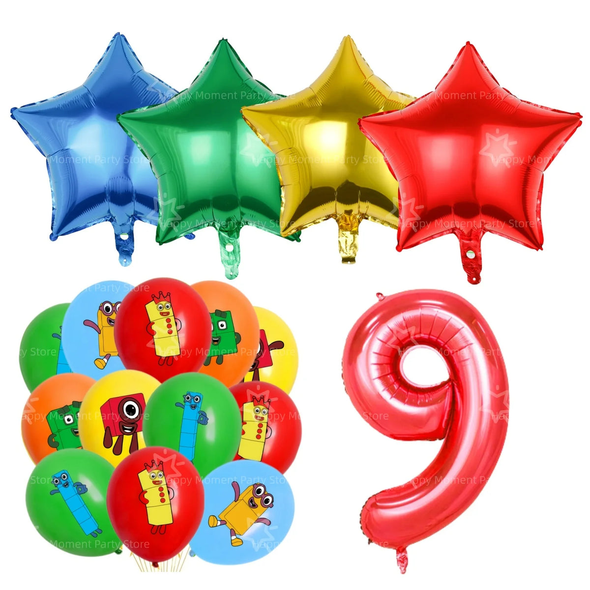 A set of colorful foil balloons shaped like stars and the number nine for a birthday party decoration