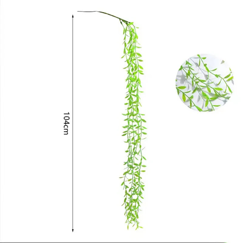 A long, slender green artificial plant vine hanging, shown in a vertical layout and a circular close-up.