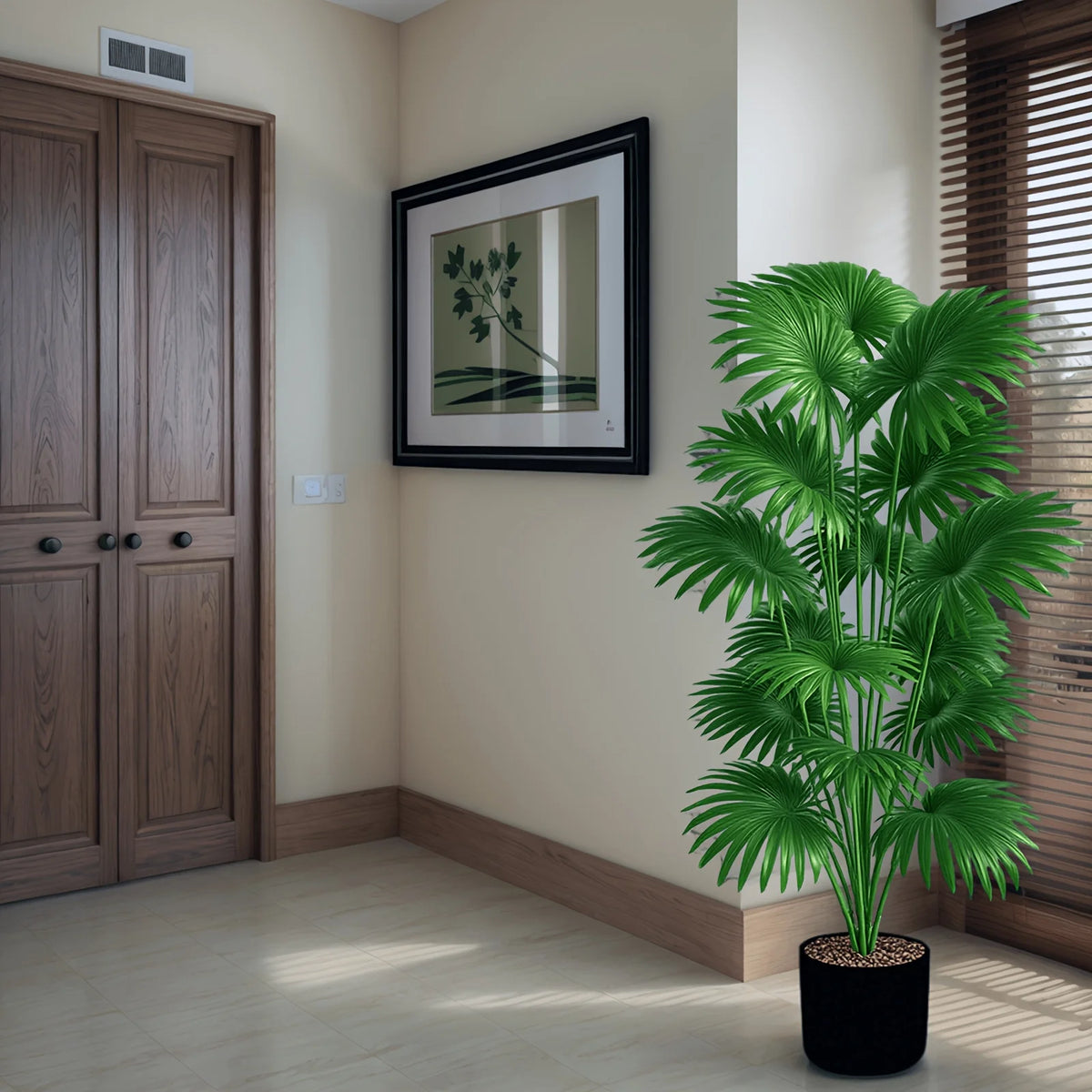 A large artificial palm tree in a black pot stands in a bright room next to a wooden cabinet and window blinds.
