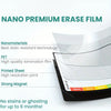 A close-up view of a black magnetic dry erase calendar sheet with a grid, demonstrating the Nano Premium Erase Film technolog