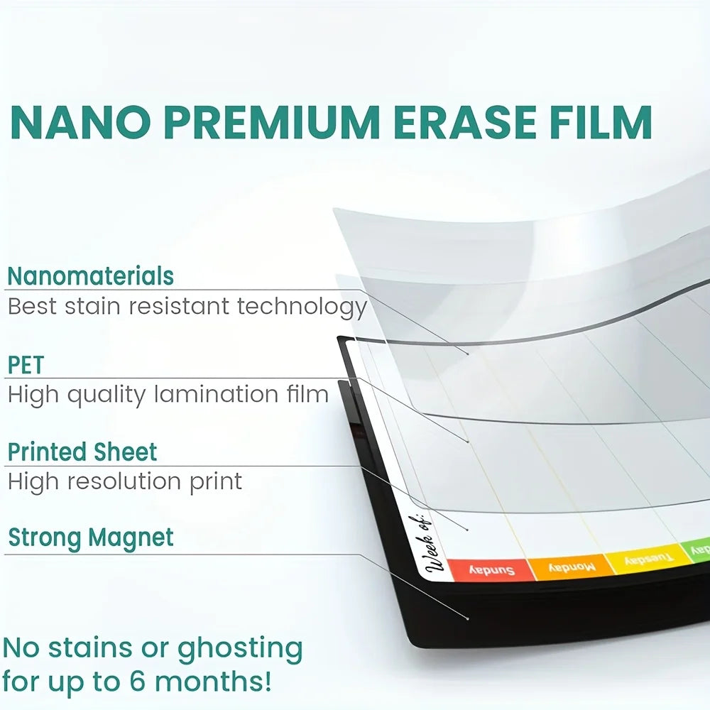 A close-up view of a black magnetic dry erase calendar sheet with a grid, demonstrating the Nano Premium Erase Film technolog